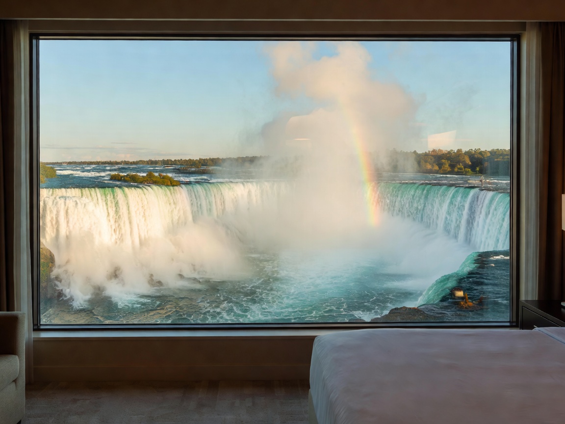 Guest room window framing Horseshoe Falls at Fallsview Casino Resort